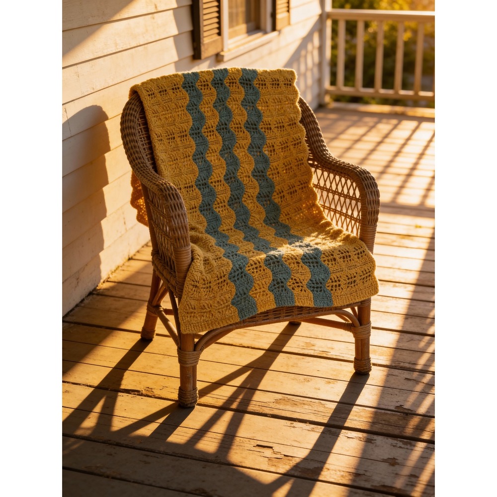 Handmade‎ Vintage Crochet Ripple Afghan Throw Blanket Mustard Yellow Teal 54x40